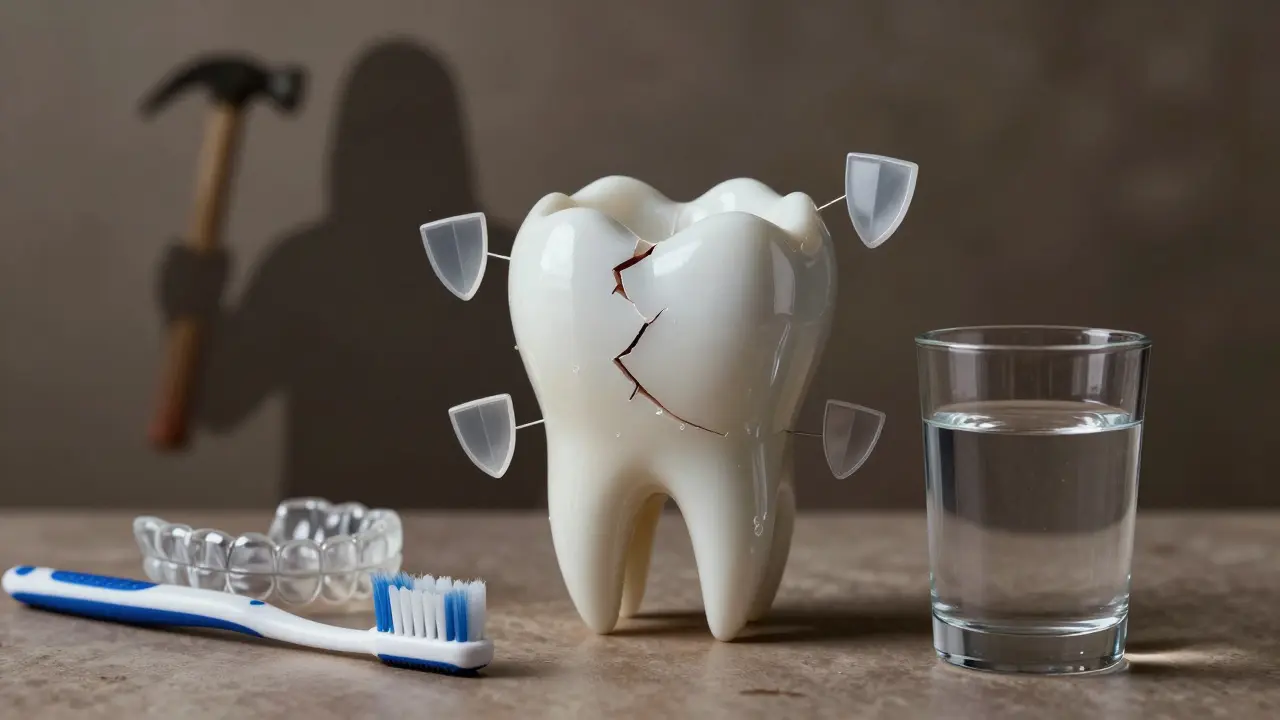 Zub v keramické korunce chráněný před poškozením.