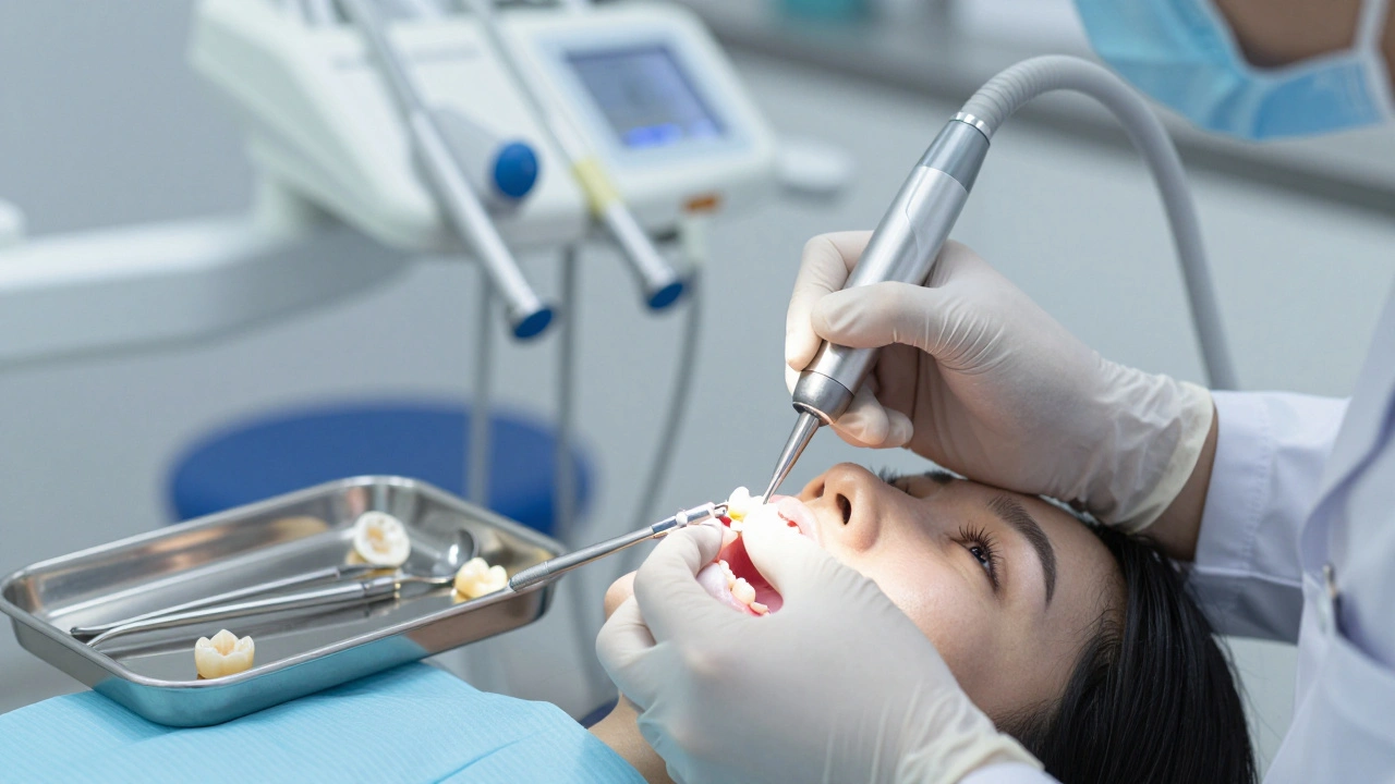 Zubař přilepuje ulomený kousek zubu pomocí světelně tvrdnoucího materiálu.