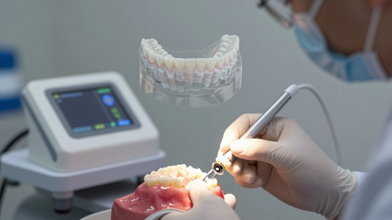 Zubní lékař instaluje keramický můstek v moderní klinice s digitální technologií.