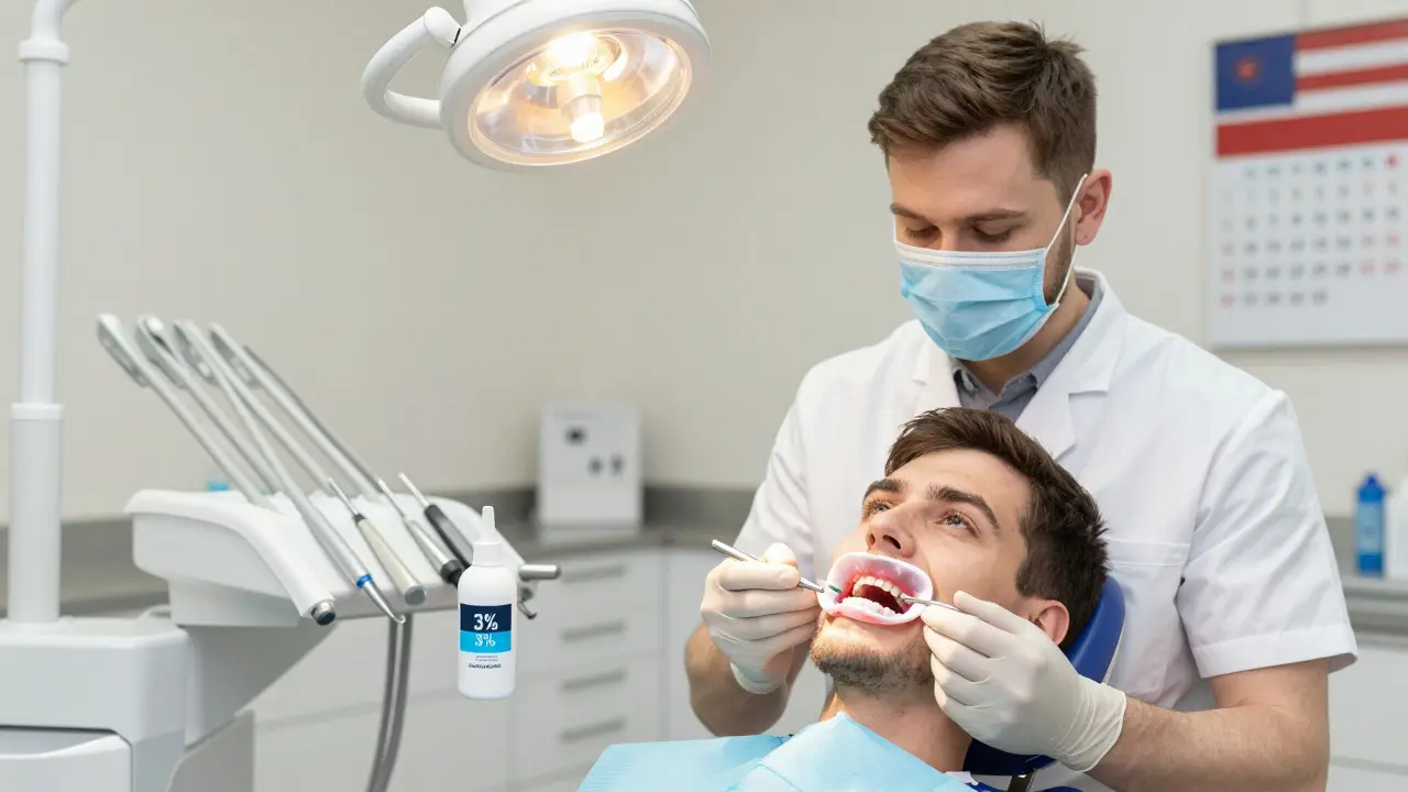 Zubní lékař vyšetřuje zuby pacienta před bělením.