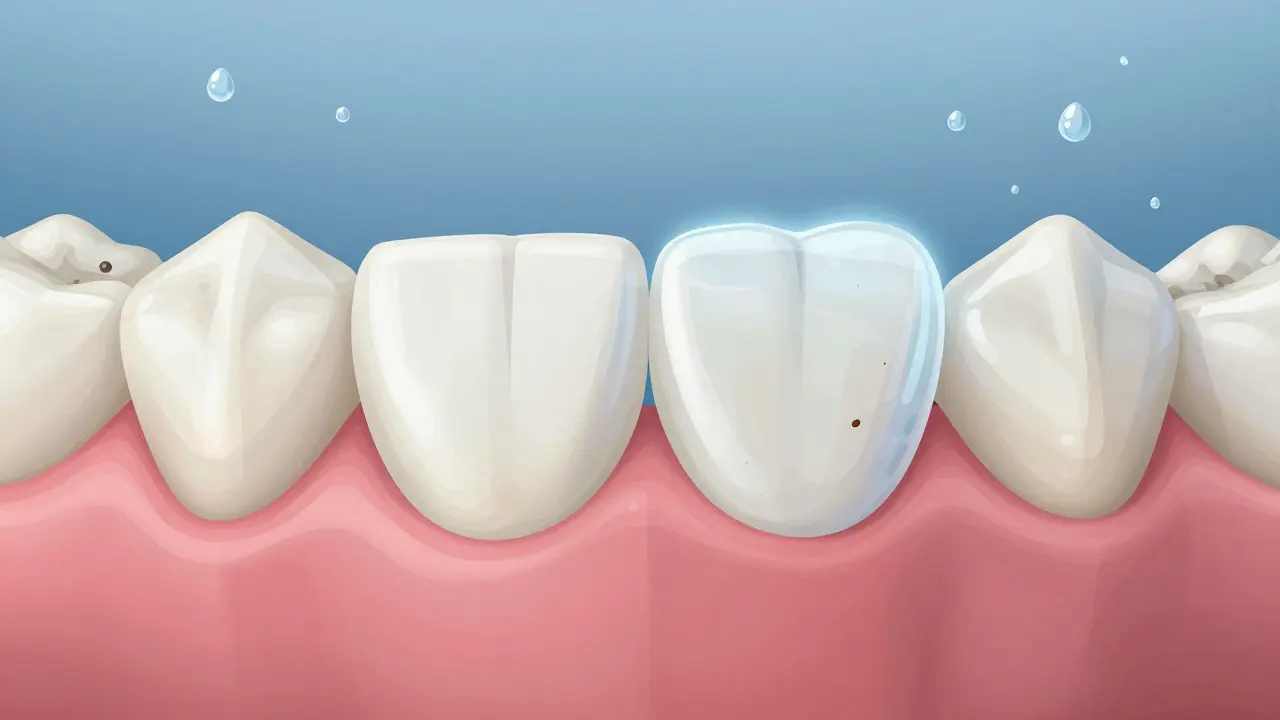 Zuby s viditelnou obnovou fluoridové vrstvy po broušení.