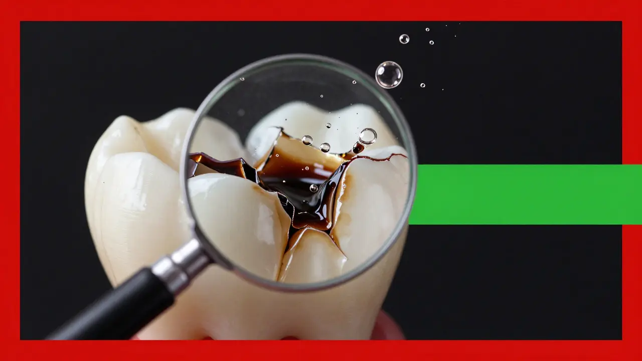 Zvětšený pohled na poškozený email a rozklad barviv kyslíkem.