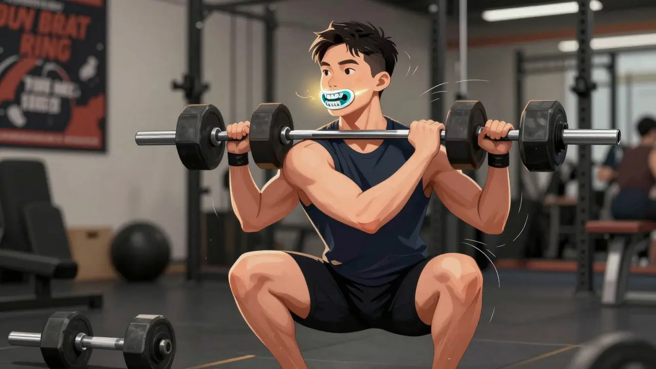 Atlet dělá dříp s ochranným ústním štítem pro rovnátka.