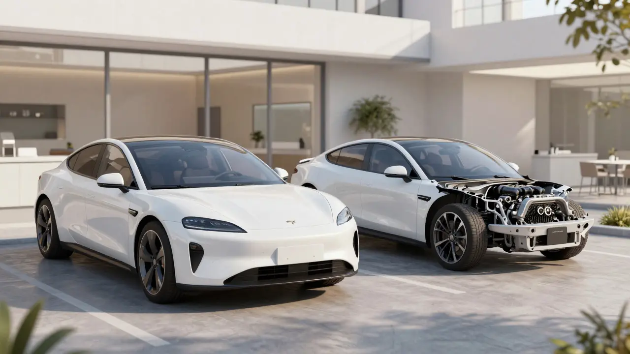 Auto s tenkou keramickou vrstvou naproti autu s novým motorem – metafora pro fazety a korunky.