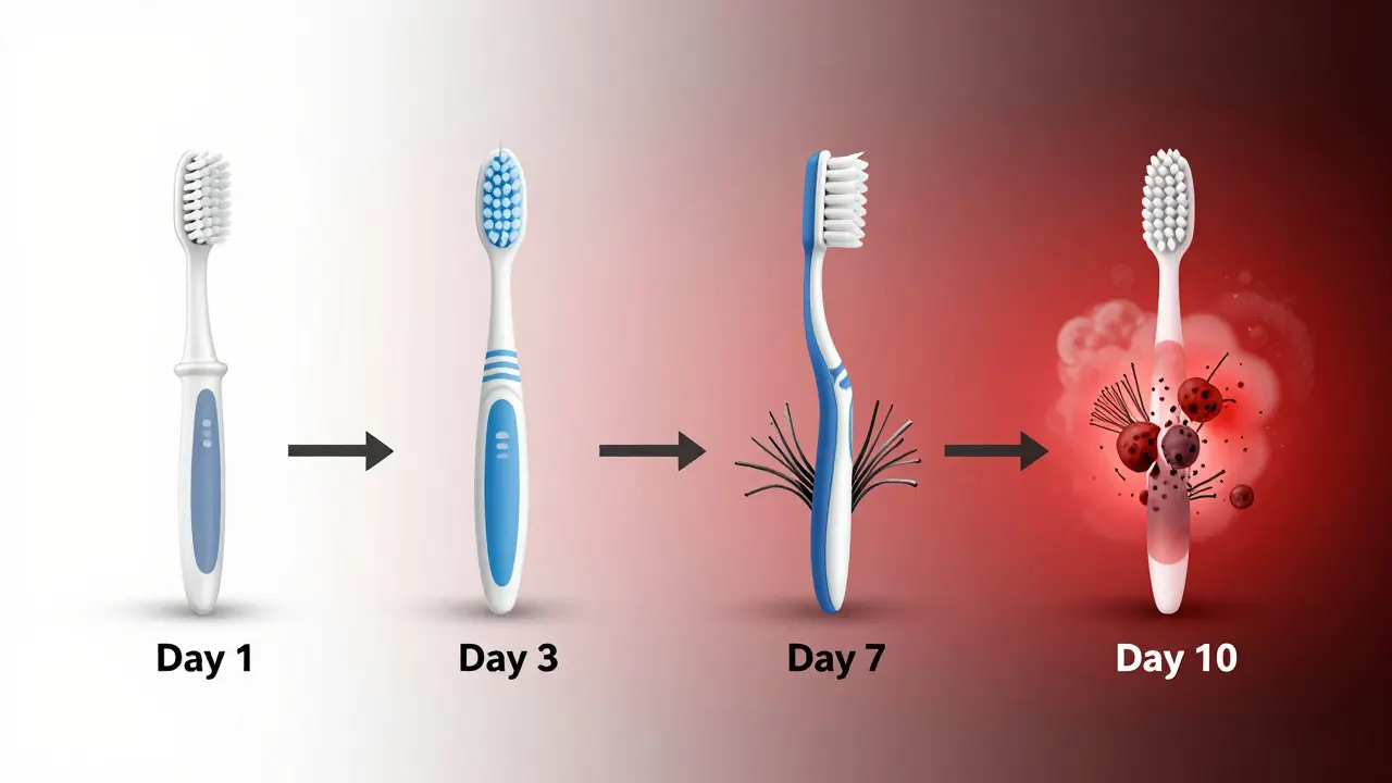 Časová osa degradace mezizubního kartáčku od nového k poškozenému s náznakem bakterií.