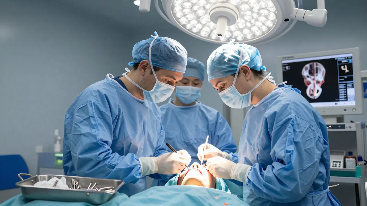 Chirurgický tým provádí maxilofaciální operaci v nemocnici s viditelnými titanovými deskami.