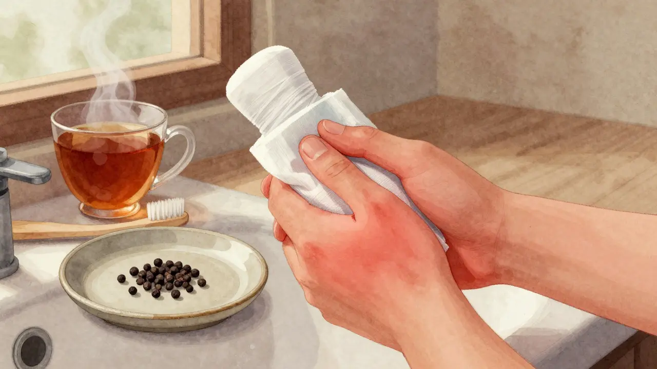 Chladný obklad na tváři a černý pepř na talíři vedle zubního kartáčku.