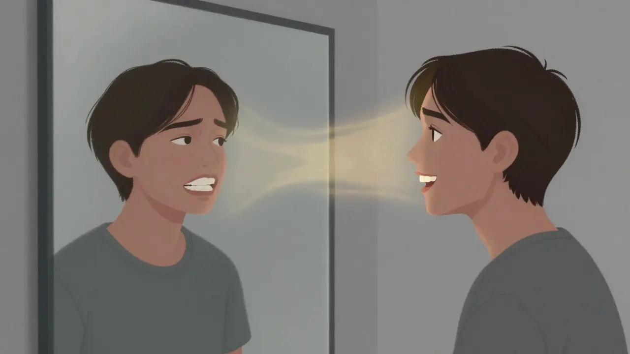 Člověk se dívá do zrcadla, kde jeho odraz ukazuje dvě verze sebe — s nepravidelnými a s rovnými zuby.