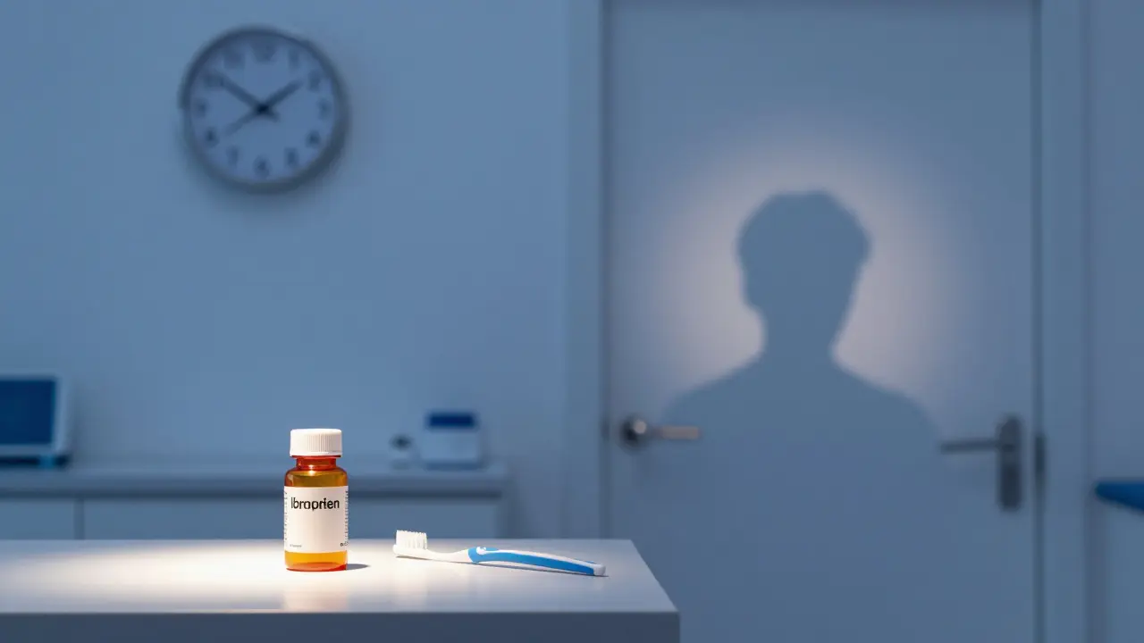 Dentalní ordinace večer, 14 dní po zákroku, symbolizující zpožděnou péči.