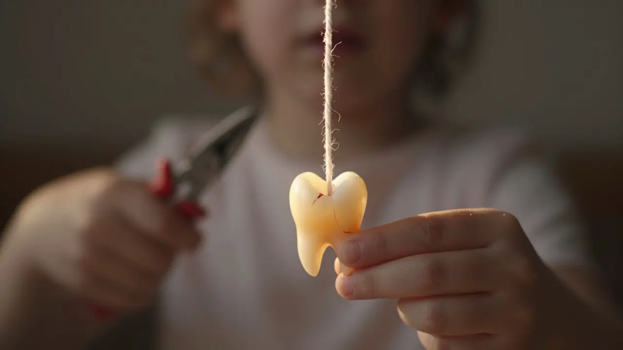 Dětský mléčný zub visí na šňůrce, za ním stín dospělého s pinzetou.