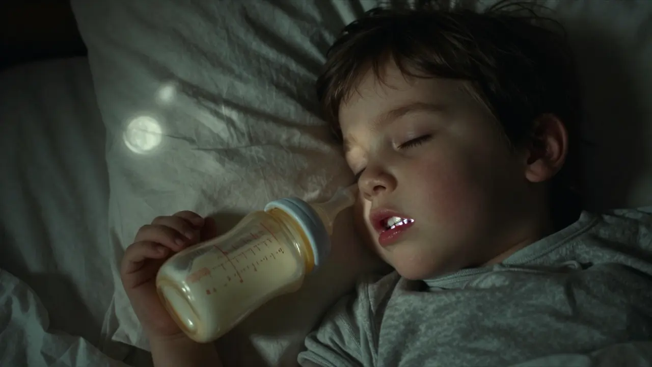 Dítě spí s láhví mléka, na předních zubech se začíná tvorit plak.