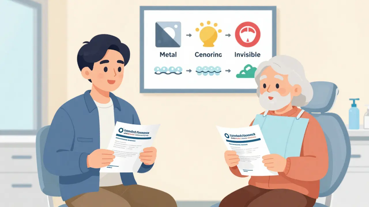 Dospělý a starší osoba v čekárně s informacemi o financování rovnátek.