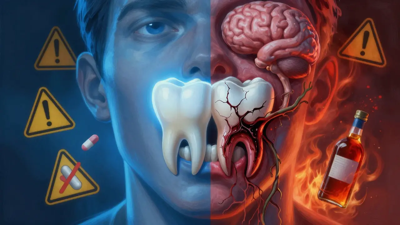 Dvě strany obličeje: zdravý zub vlevo a infikovaný zub s šířící se infekcí vpravo.