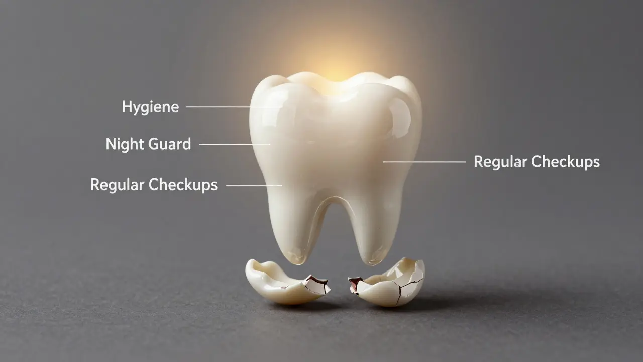 Floating ceramic veneer supported by health habits, with damaged teeth below.