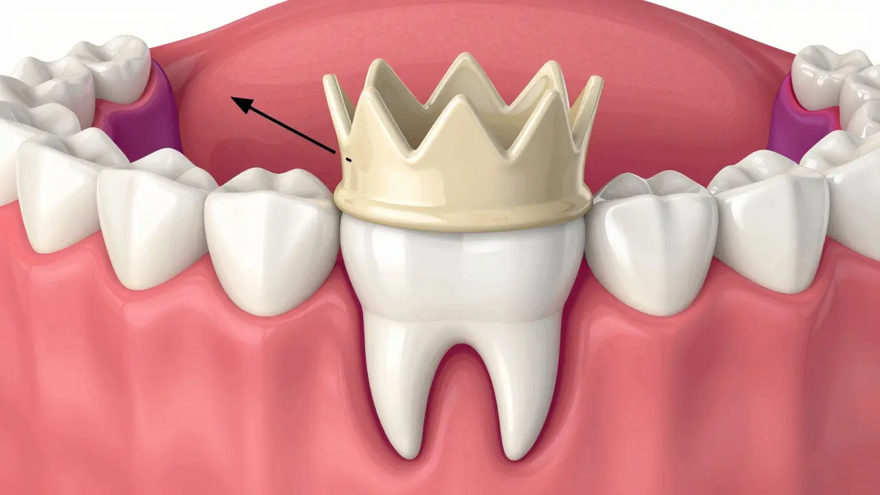 Keramická korunka příliš vysoká, způsobující tlak na kloubní tkáň kolem zubu.