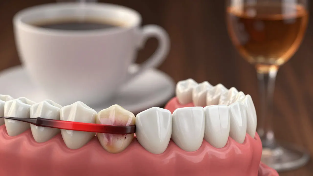 Keramická rovnátka s viditelnými skvrnami od kávy a červeného vína.