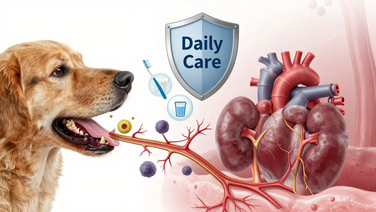 Koncepční obrázek bakterií šířících se z kamenů do těla psa, zastavených prevencí jako čištění a žvýkačky.