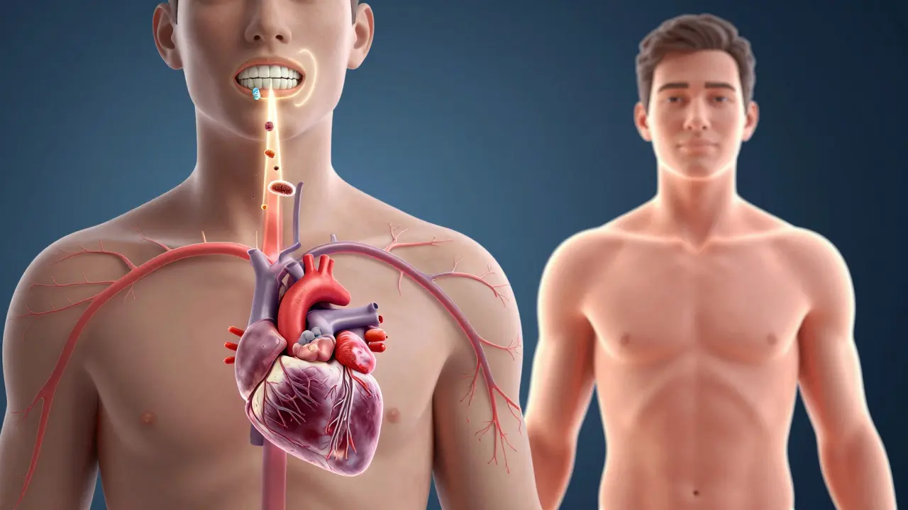 Koncepční obrázek spojující zdraví úst s celkovým zdravím těla, kde pískování zabraňuje šíření bakterií.