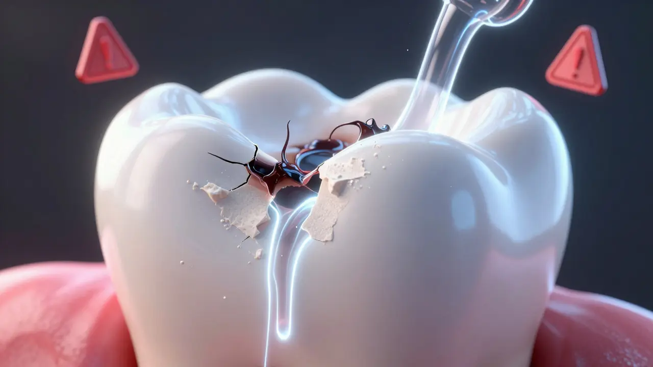 Konceptuální obrázek poškozené skloviny zubu pod vlivem bělicí látky.