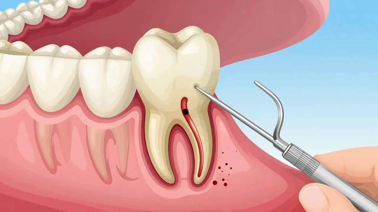 Křížový řez čelisti s uloženým kořenem zubu a infekcí v kosti.