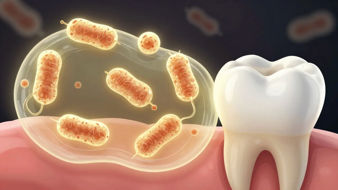 Mikroskopické bakterie tvoří lepkavou vrstvu na dětských zubech.