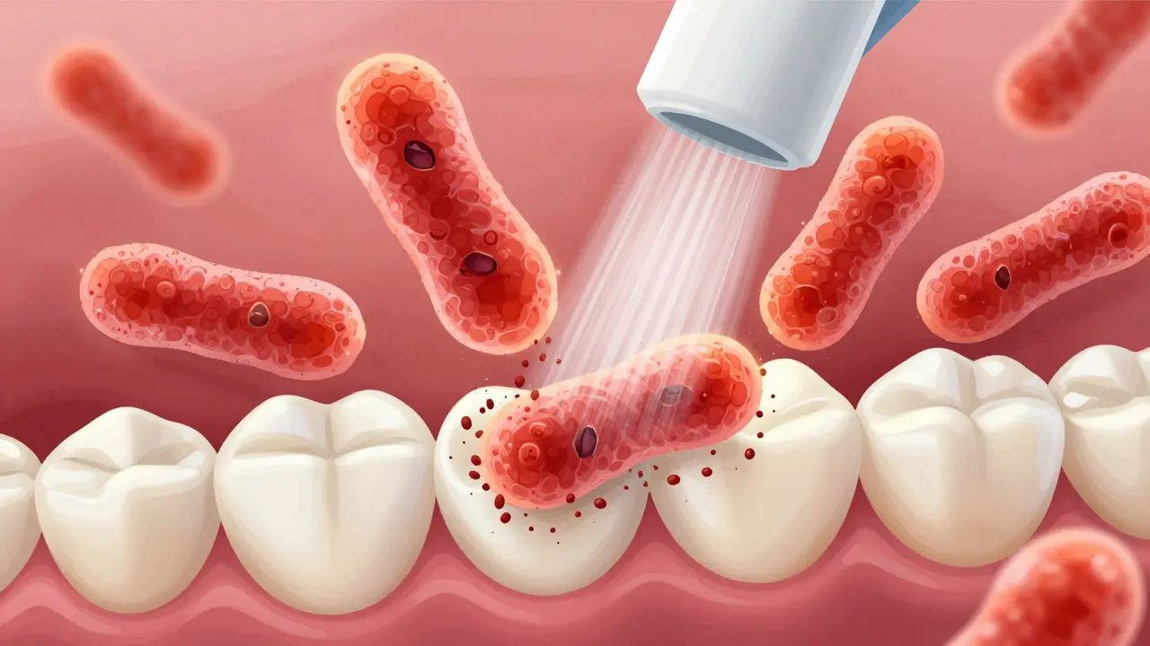 Mikroskopický pohled na odstranění bakteriálního biofilmu z povrchu zubu pomocí pískovacího prachu.