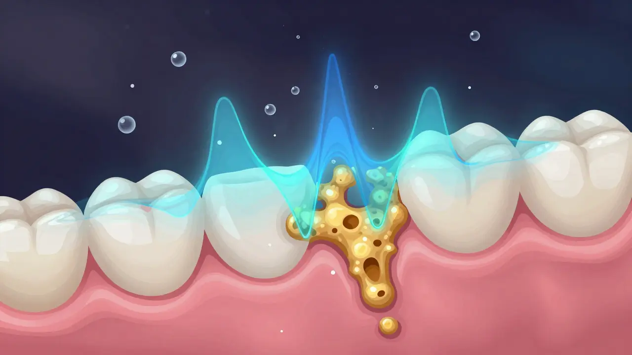 Mikroskopický pohled na ultrazvukové vlny rozkládající zubní kámen na molekulární úrovni.