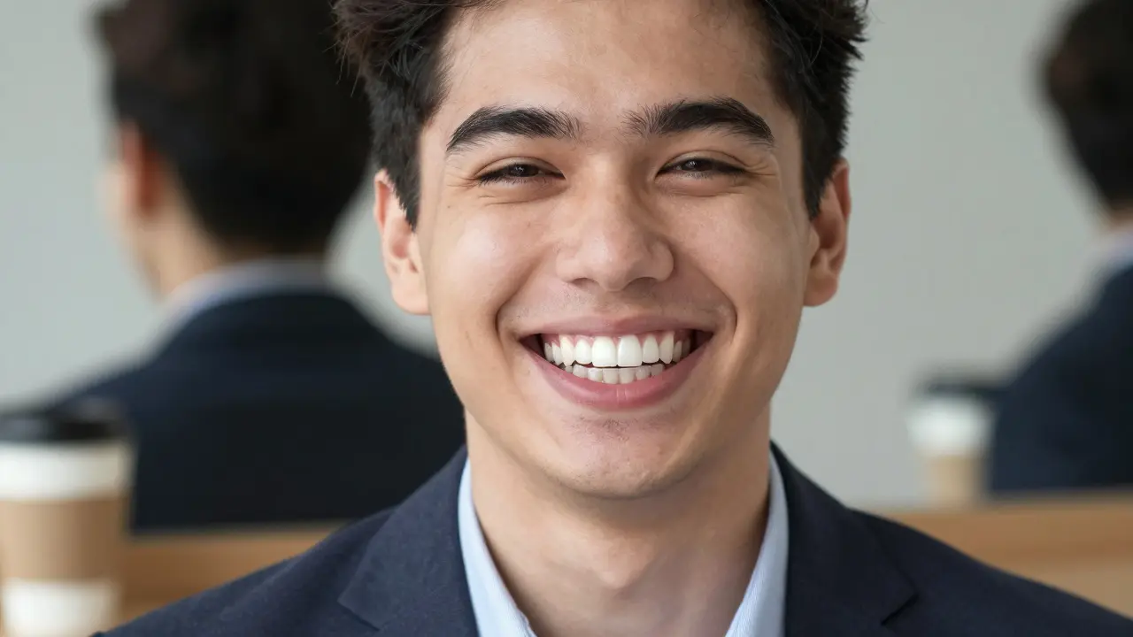 Muž se směje, jeho přední zuby s keramickými fazetami vypadají přirozeně, bez umělé bílости.