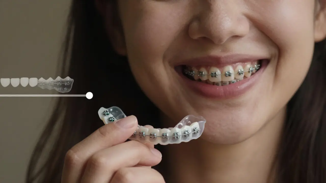 Osoba s odstraněnými rovnátky a retencí, s bílými skvrnami na zubech.