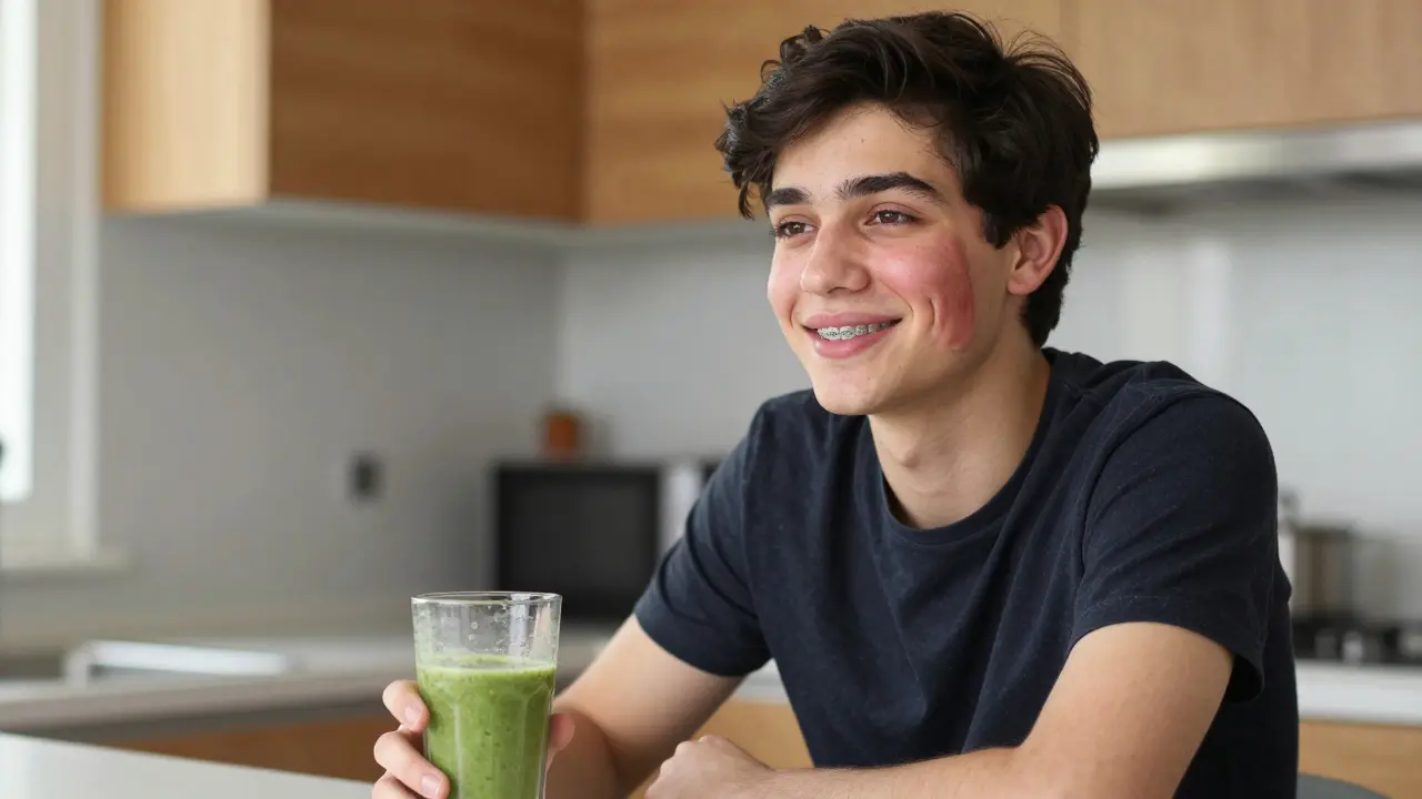 Pacient s mírným otokem směje se se zářícími zuby, symbolizující zotavení a sebevědomí.