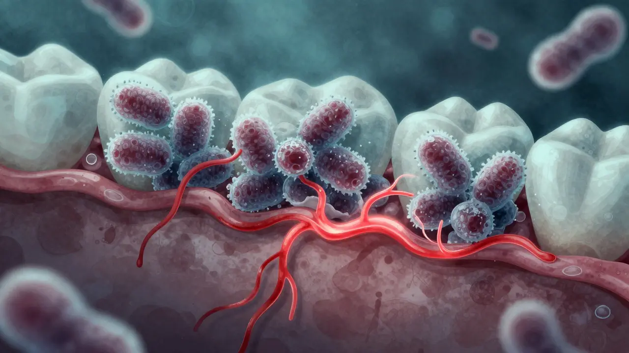 Pod mikroskopem bakterie tvoří biofilm a kyselina ničí sklo zubu.