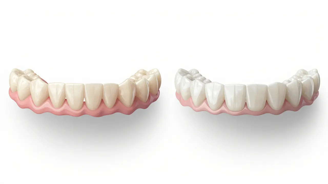 Porovnání přirozeně křivých zubů a zubů pokrytých keramickými fazetami.