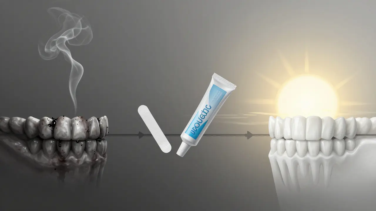 Přechod od tmavých zubů s kouřem k bílým zubům ve světle.