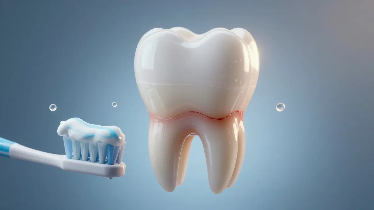 Přehledový obrázek rozvoje kazu v zubu s prvky prevence jako fluorová pasta a mezizubní kartáček.