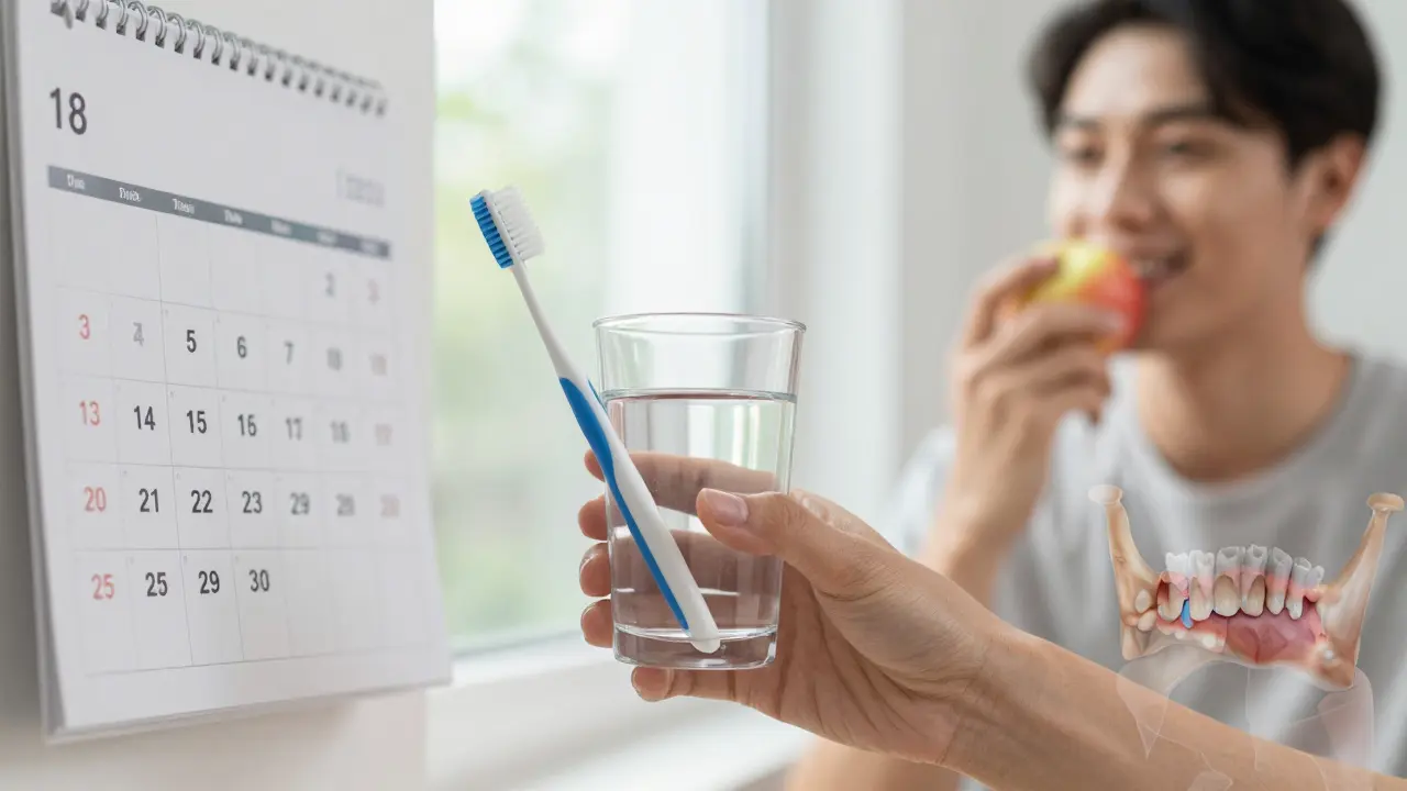 Ruka drží kartáček a sklenici vody, zatímco kalendář ukazuje 30 dní po operaci.