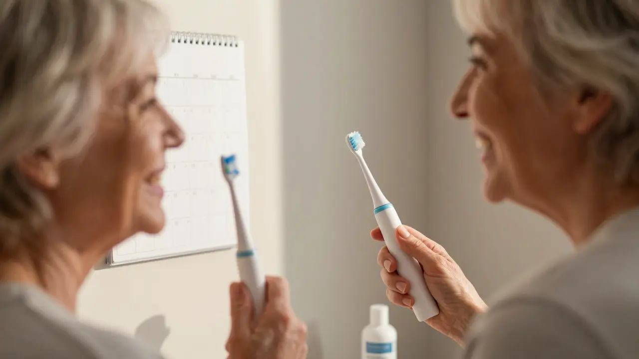Starší žena se usmívá do zrcadla s čistými zuby a zdravými dásněmi po pravidelném používání čističe.