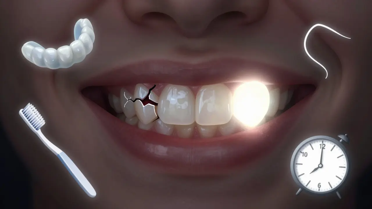 Three ceramic veneers showing different conditions: intact, cracked, and detached.