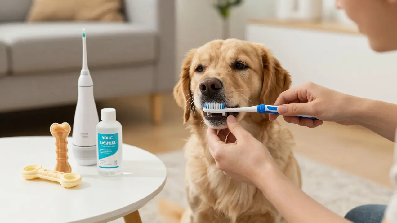 Vlastník čistí psu zuby doma pomocí měkkého kartáčku, na stole jsou zubní hračka a přípravek do vody.