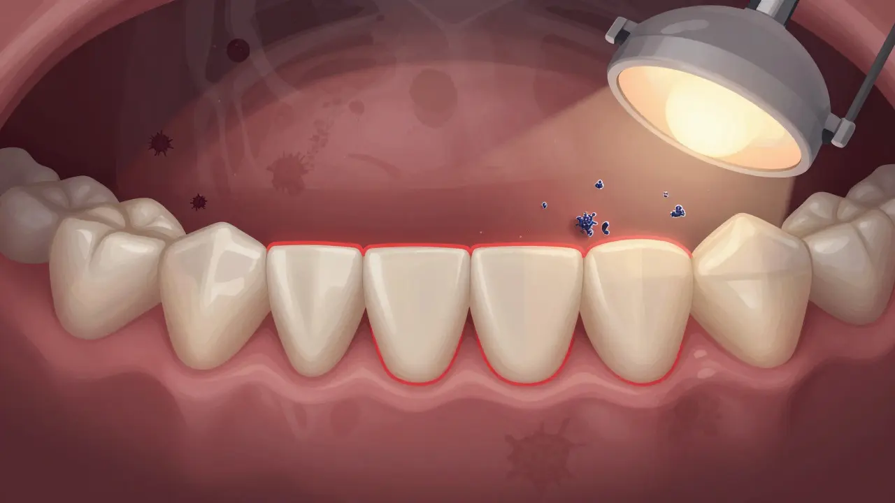 Vnitřní pohled na skryté kazy mezi zuby a pod dásněmi s označenými rizikovými zónami.