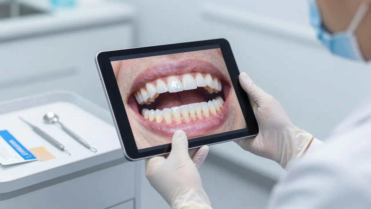 Zubař ukazuje pacientovi rozdíl mezi bělenými zuby a nezměněnými náhradami.