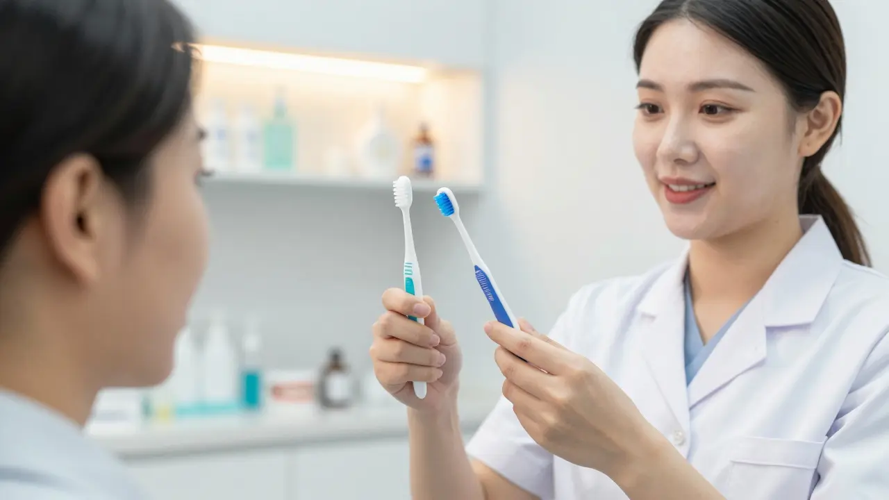 Zubní hygienička ukazuje pacientovi rozdíl mezi opotřebovaným a novým kartáčkem.