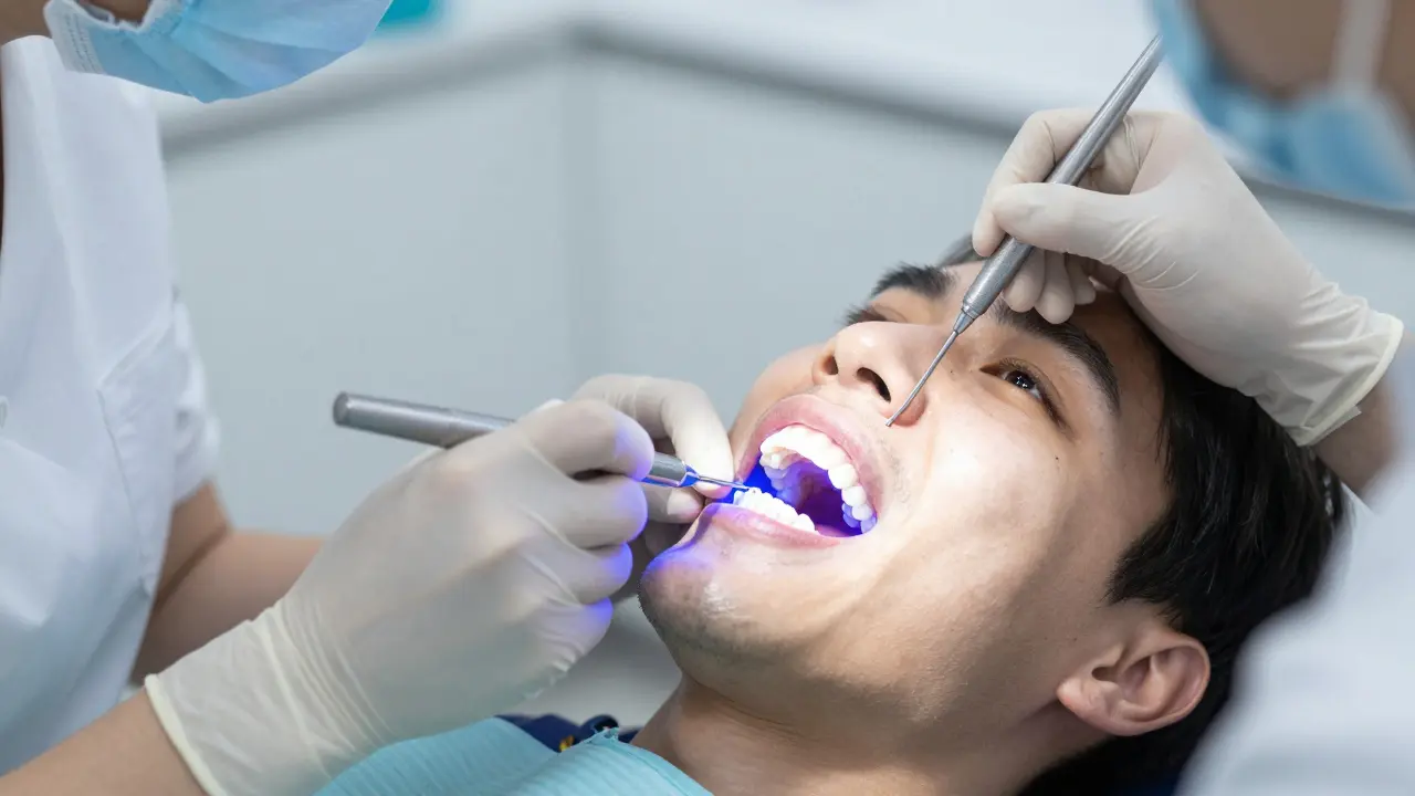 Zubní lékař aplikuje bělící gel na zuby pod LED světlem.