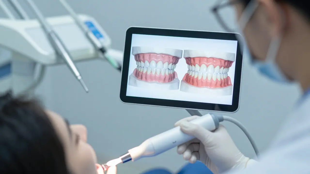 Zubní lékař používá digitální skener k vytvoření 3D modelu zubů pro výběr mezi fazetami a korunkami.