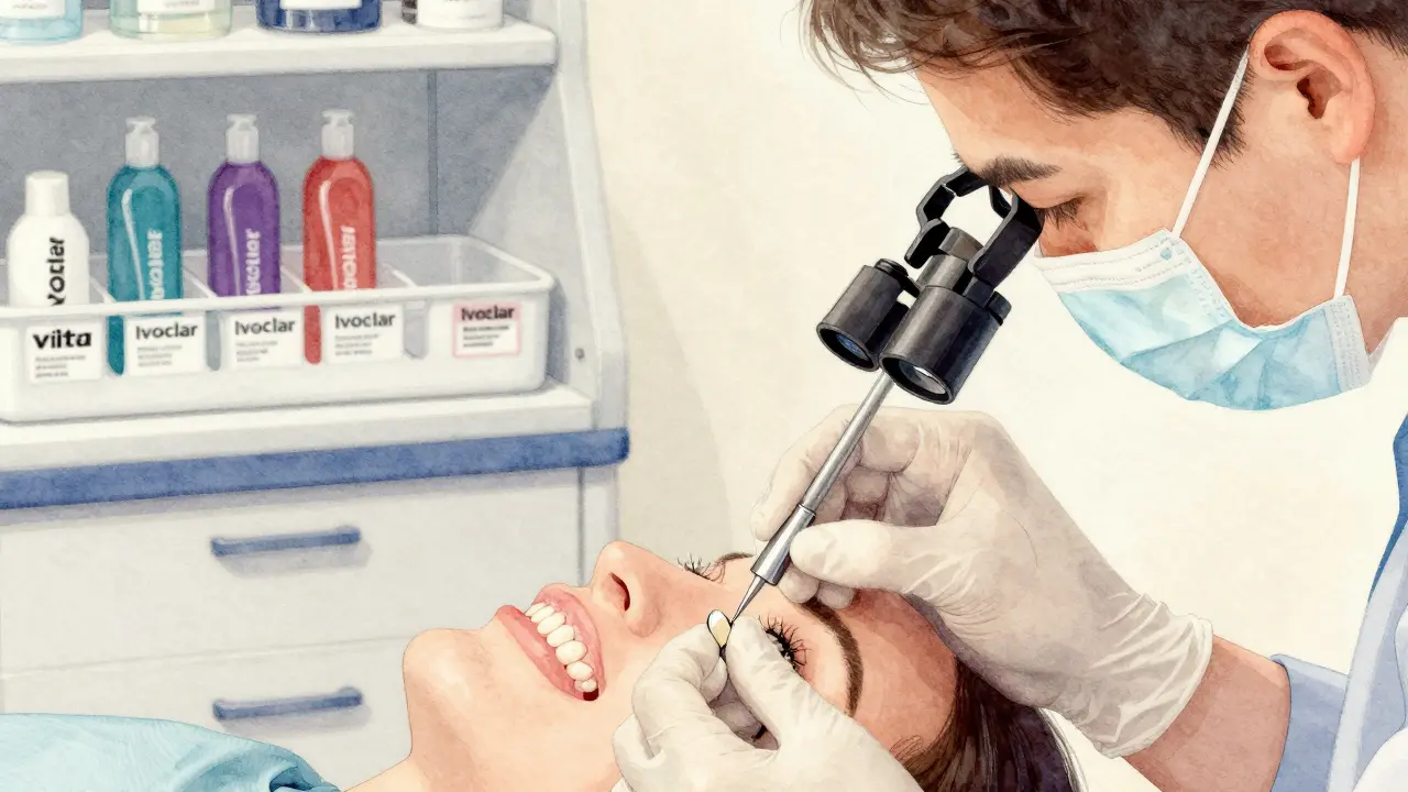 Zubní lékař přilepuje tenkou keramickou fazetu na přední zub s přesnou péčí.