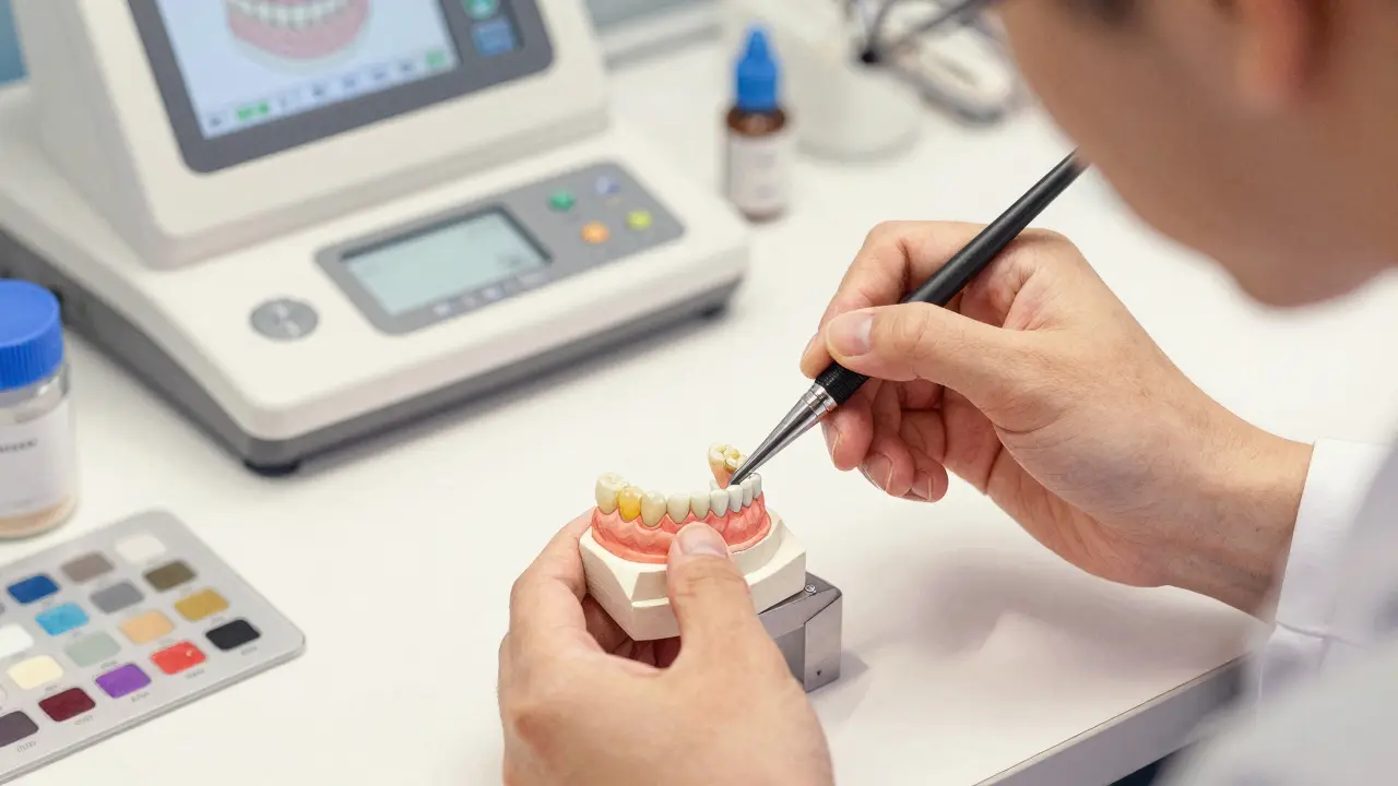 Zubní technik ručně maluje keramickou fazetu ve výrobní laboratoři s digitálními nástroji.