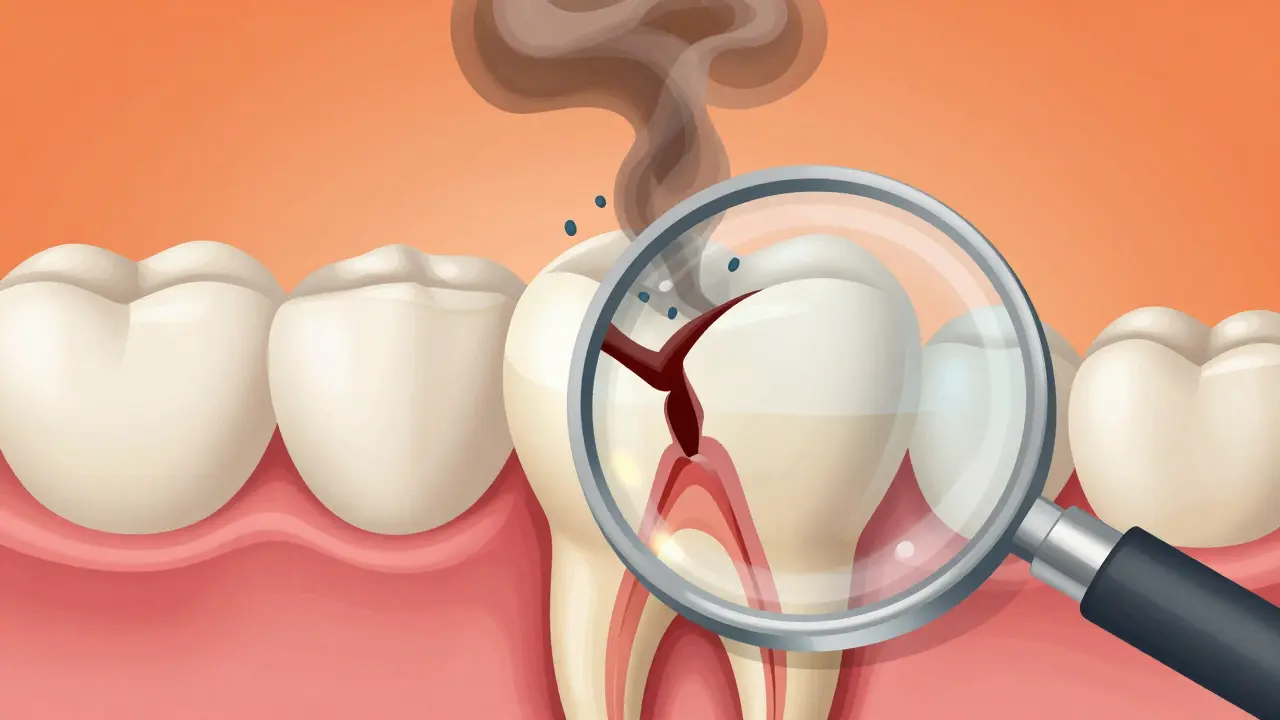Zvětšený pohled na zub s prasklinou, která proniká do vnitřních vrstev, s bakteriemi proudícími dovnitř.