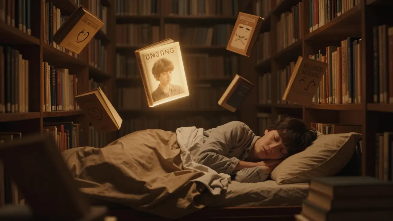 Abstraktní mozek jako knihovna, kde se emoce přesouvají do dlouhodobé paměti.