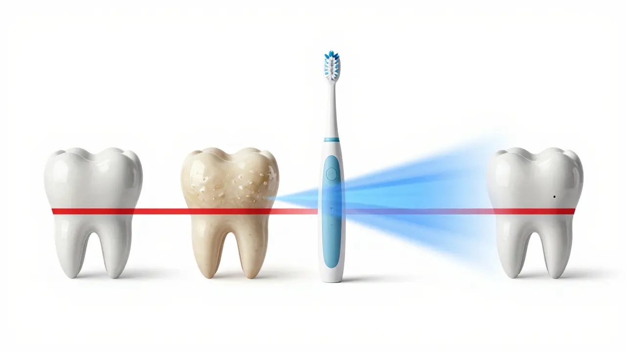 Časová osa ukazující, jak sonický kartáček zastaví vývoj kazu na zubu.