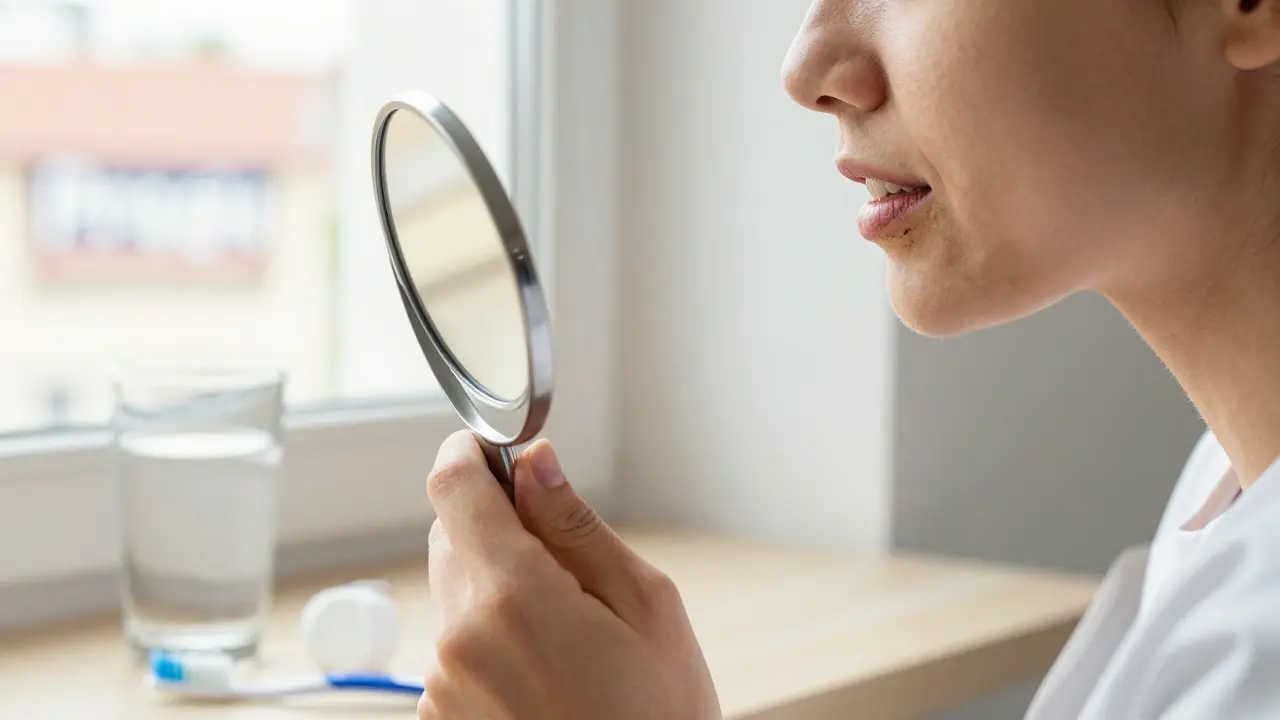 Člověk se dívá do zrcadla a vidí tmavé skvrny na dásních.