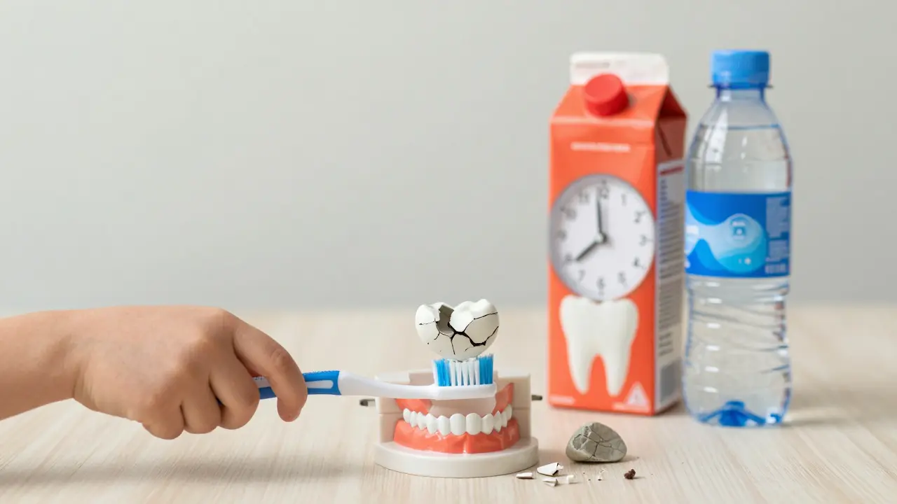 Dítě s kartáčkem vedle kamenného usazení na zubu, s časem a nápoji jako symboly příčin.